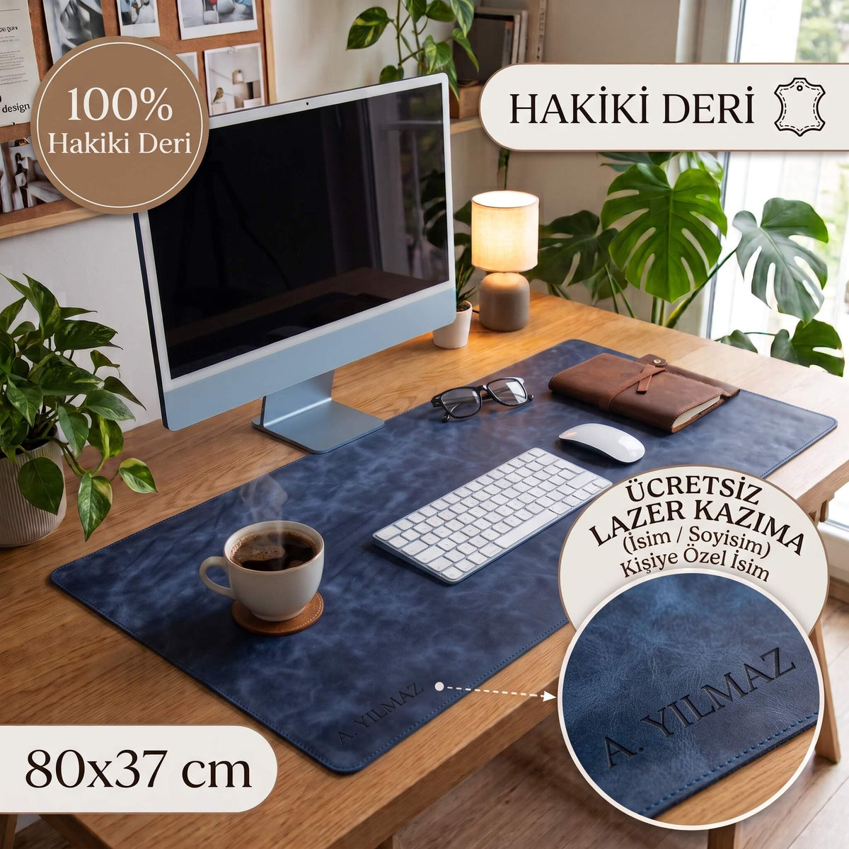 Hakiki Deri, El Yapımı Masa Matı, 80*37cm TN05 Mavi