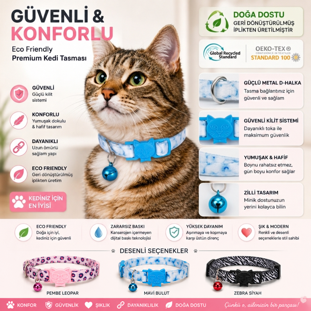 Desenli Kedi Boyun Tasması – Geri Dönüştürülmüş İplik, Güvenli Kilit Sistemli, Konforlu Kullanım, Mavi Bulut