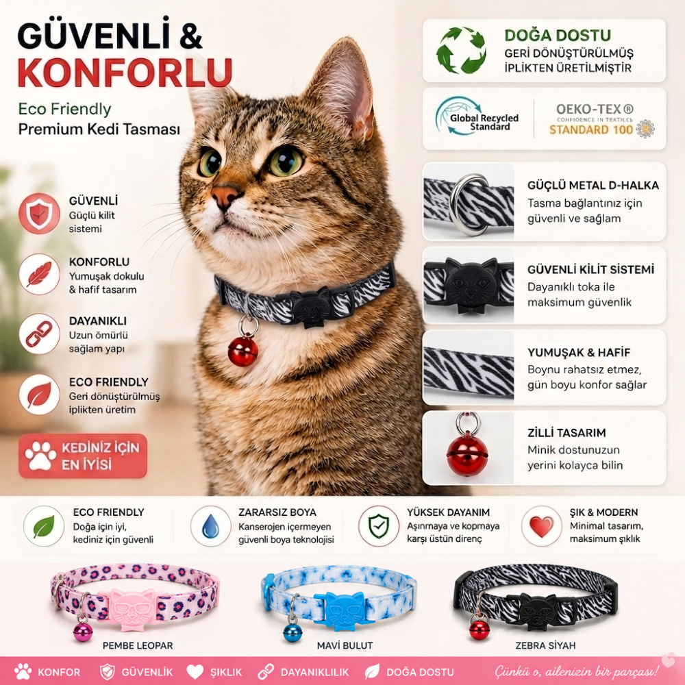 Desenli Kedi Boyun Tasması – Geri Dönüştürülmüş İplik, Güvenli Kilit Sistemli, Konforlu Kullanım, Zebra Siyah