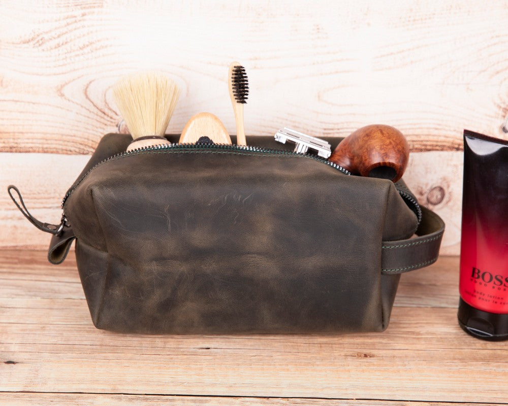 Eve Dopp Kit, Hakiki Deri, El Yapımı, Kişisel Bakım Çantası, L Ölçü, Antik Koyu Kahve