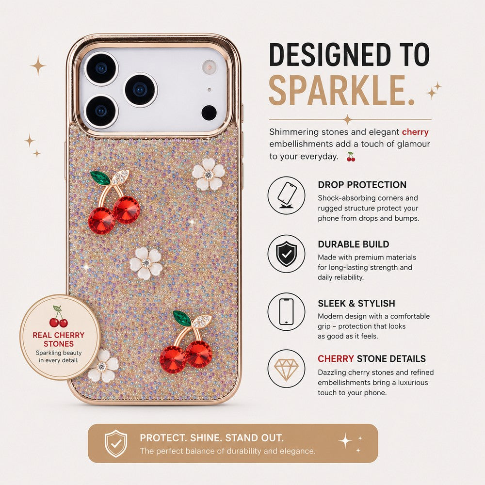 Freya iPhone 17 Pro Max Uyumlu Taşlı Kılıf – Gold Çerçeveli, Kiraz Detaylı, Darbe Korumalı Şeffaf Lüks Telefon Kılıfı