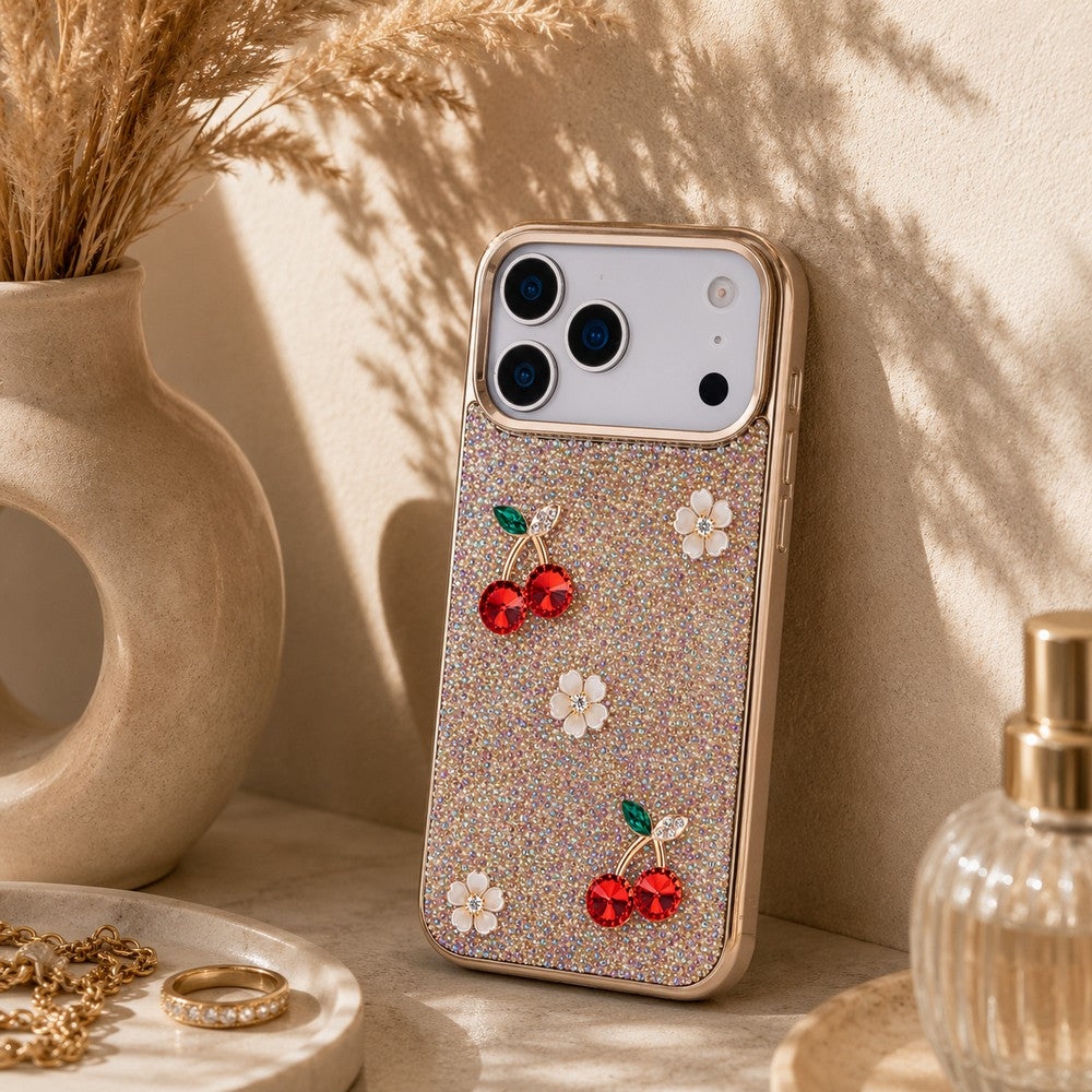 Freya iPhone 17 Pro Max Uyumlu Taşlı Kılıf – Gold Çerçeveli, Kiraz Detaylı, Darbe Korumalı Şeffaf Lüks Telefon Kılıfı