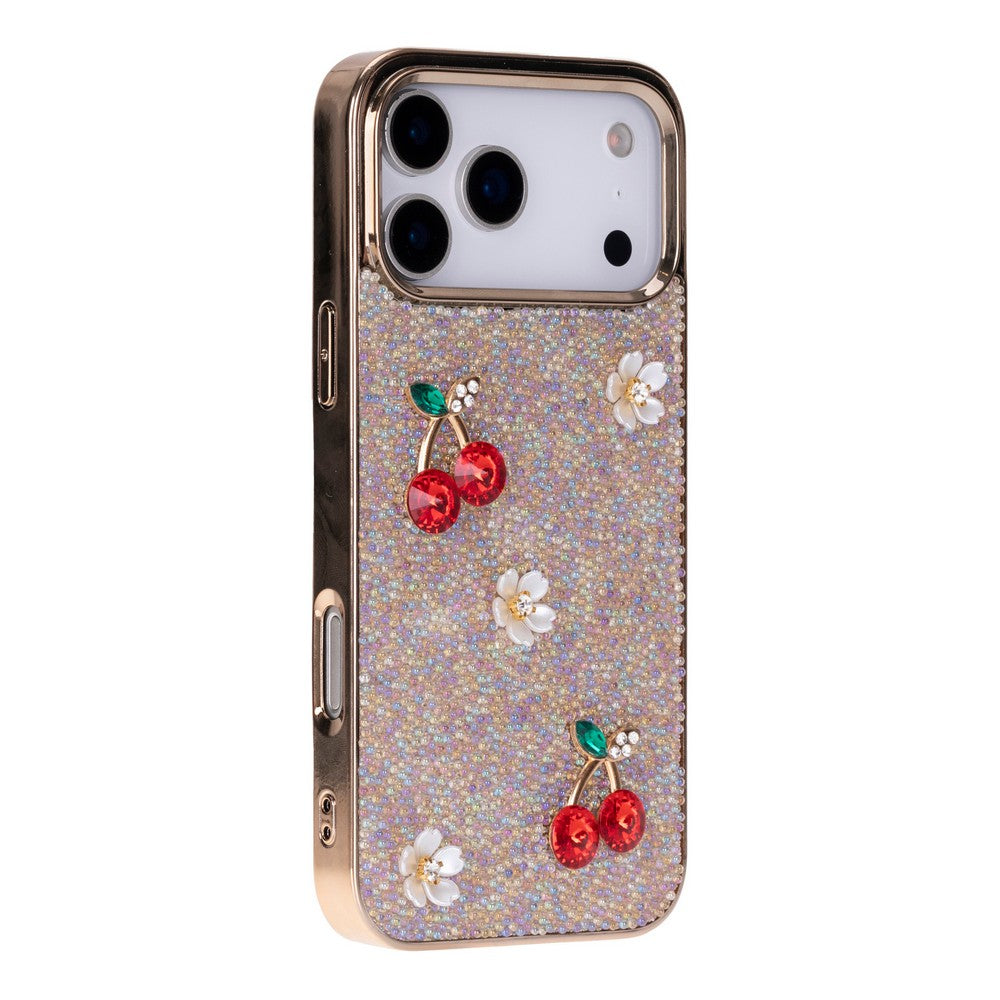 Freya iPhone 17 Pro Uyumlu Taşlı Kılıf – Gold Çerçeveli, Kiraz Detaylı, Darbe Korumalı Şeffaf Lüks Telefon Kılıfı