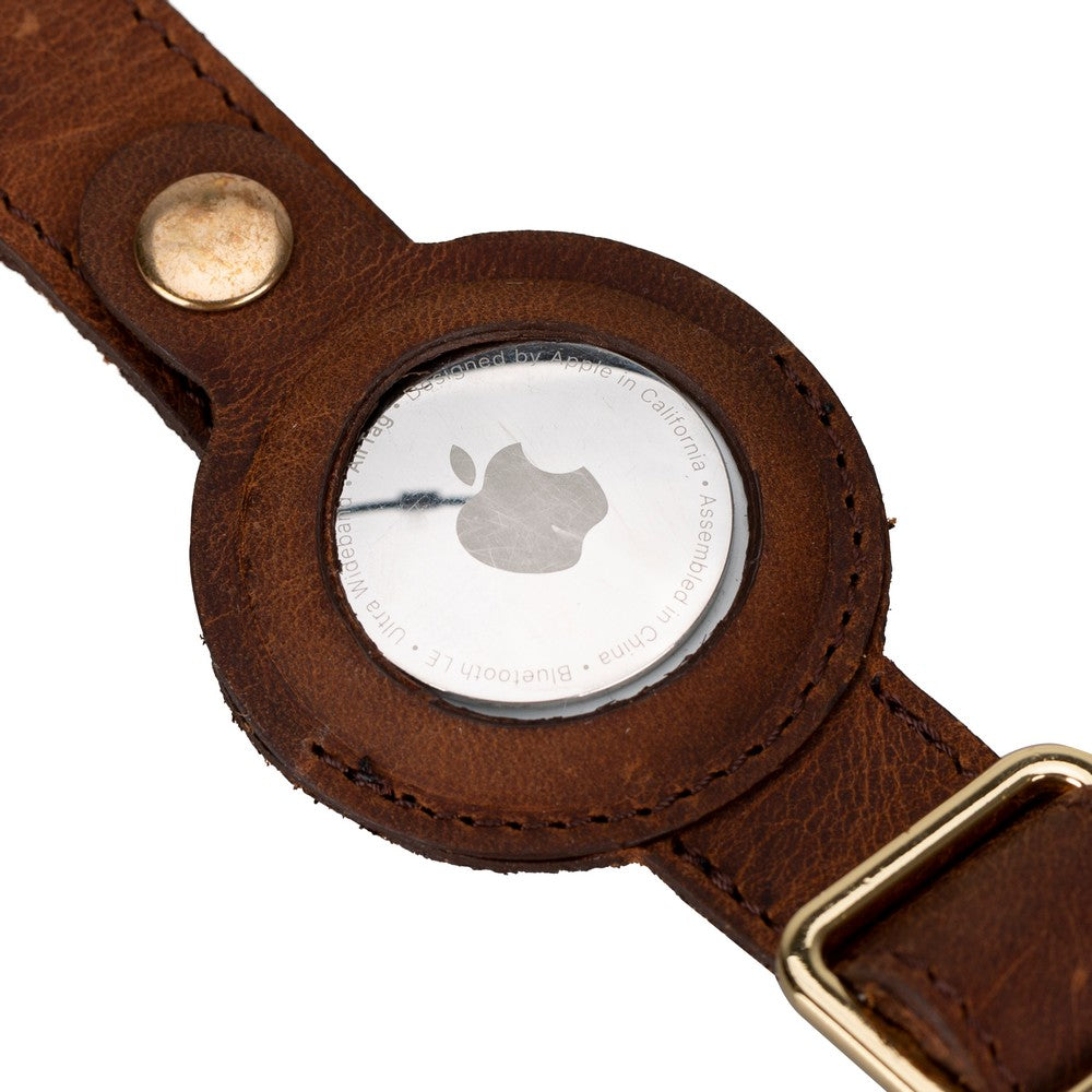 Hakiki Deri, El Yapımı, Apple Airtag Yuvalı Köpek Tasması, 34-50cm Ayarlanabilir Ölçü, Antik Kahve