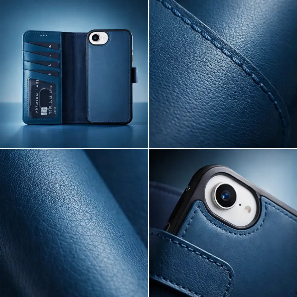 Apple iPhone 17e/16e uyumlu, Hakiki Deri, El Yapımı, Cüzdanlı Kılıf, Gölgeli Mavi
