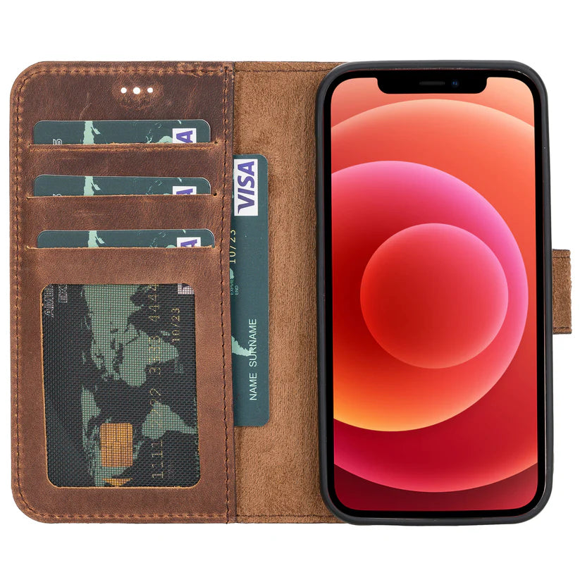 iPhone 12 Mini Uyumlu Manyetik Hakiki Deri Cüzdan Kılıf ,Cüzdan Taşımaya Son, Kredi Kart Yuvalı