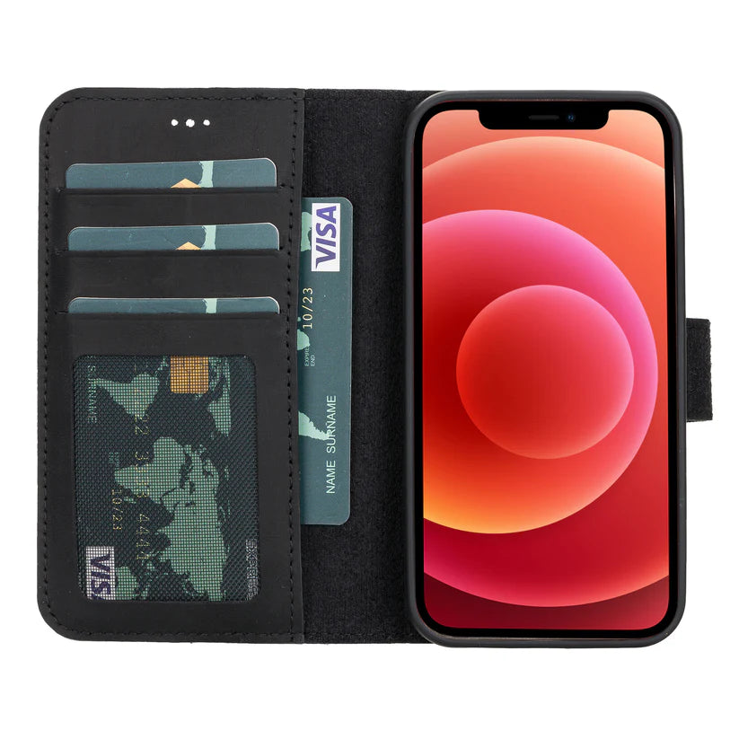 iPhone 12 Mini Uyumlu Manyetik Hakiki Deri Cüzdan Kılıf ,Cüzdan Taşımaya Son, Kredi Kart Yuvalı