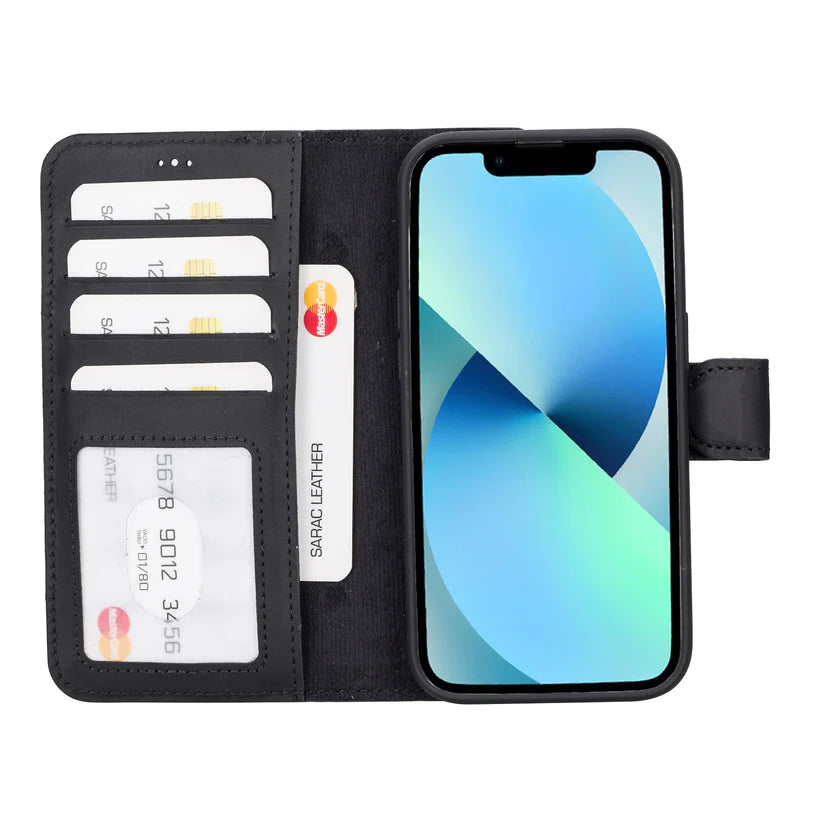 iPhone 14 Pro Uyumlu Manyetik Hakiki Deri Cüzdan Kılıf ,Cüzdan Taşımaya Son, Kredi Kart Yuvalı