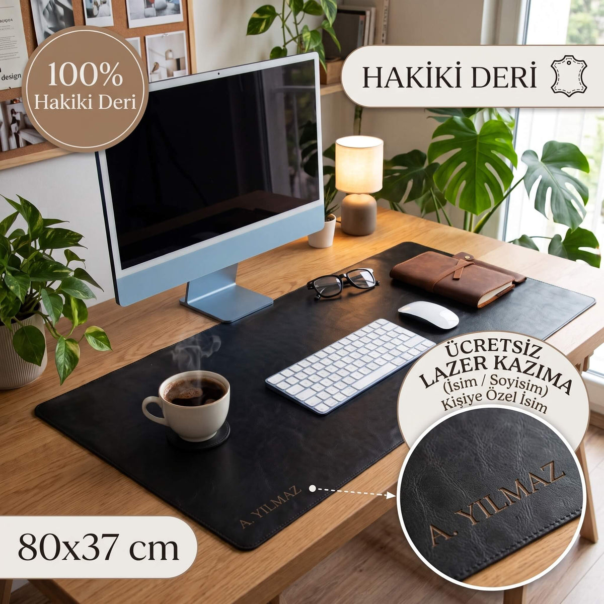 Hakiki Deri, El Yapımı Masa Matı, 80*37cm Rustik Siyah
