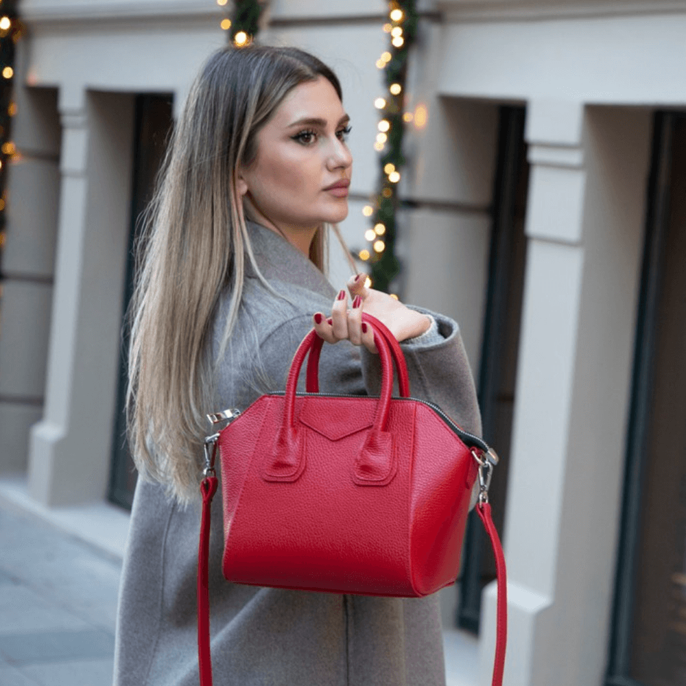 Lorenza Hakiki Deri, El Yapımı, Kadın Çantası, Kırmızı, Small