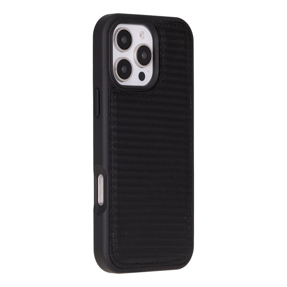 Cüzdan Taşıma Derdi Olmadan – iPhone 16 Pro Uyumlu Hakiki Deri El Yapımı Kart Yuvalı Kılıf (Karbon Siyah)