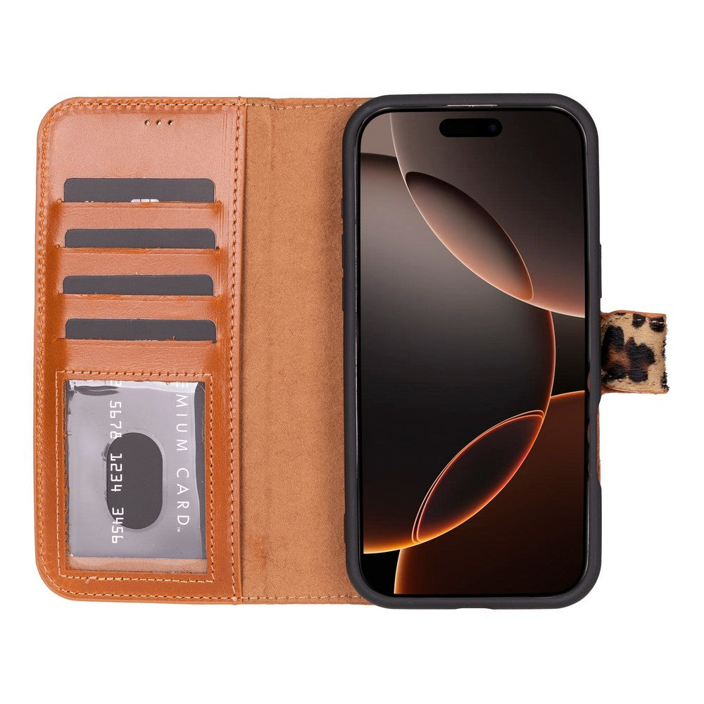 Cüzdan Taşıma Derdi Olmadan – iPhone 16 Pro Max Uyumlu Hakiki Deri El Yapımı Kart Yuvalı Kılıf (Leopar Desenli)