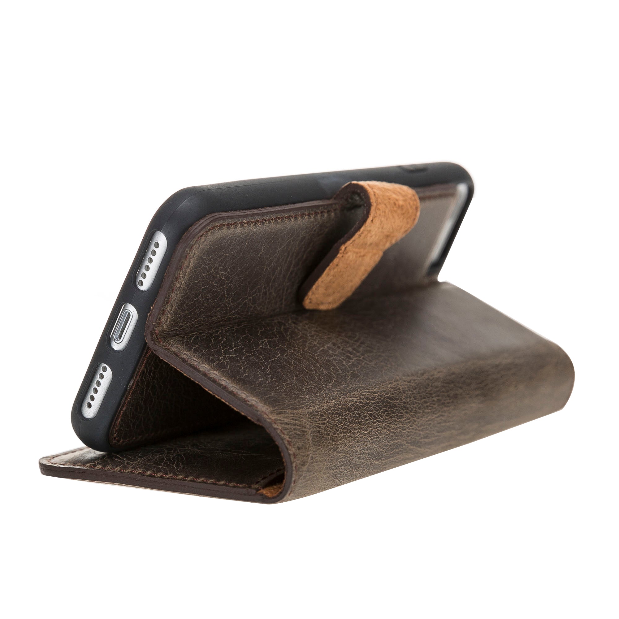 Apple iPhone 7-8-SE Uyumlu Deri Cüzdanlı Kılıf RO6 Kahve