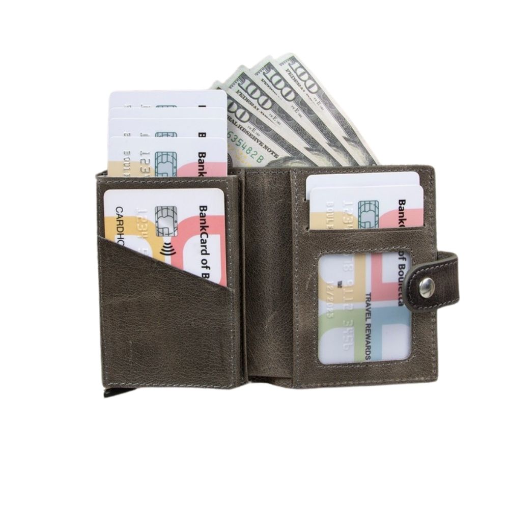 Palertag Apple AirTag Yuvalı, Hakiki Deri, El Yapımı, Pop-Up Cüzdan, Gölgeli Gri