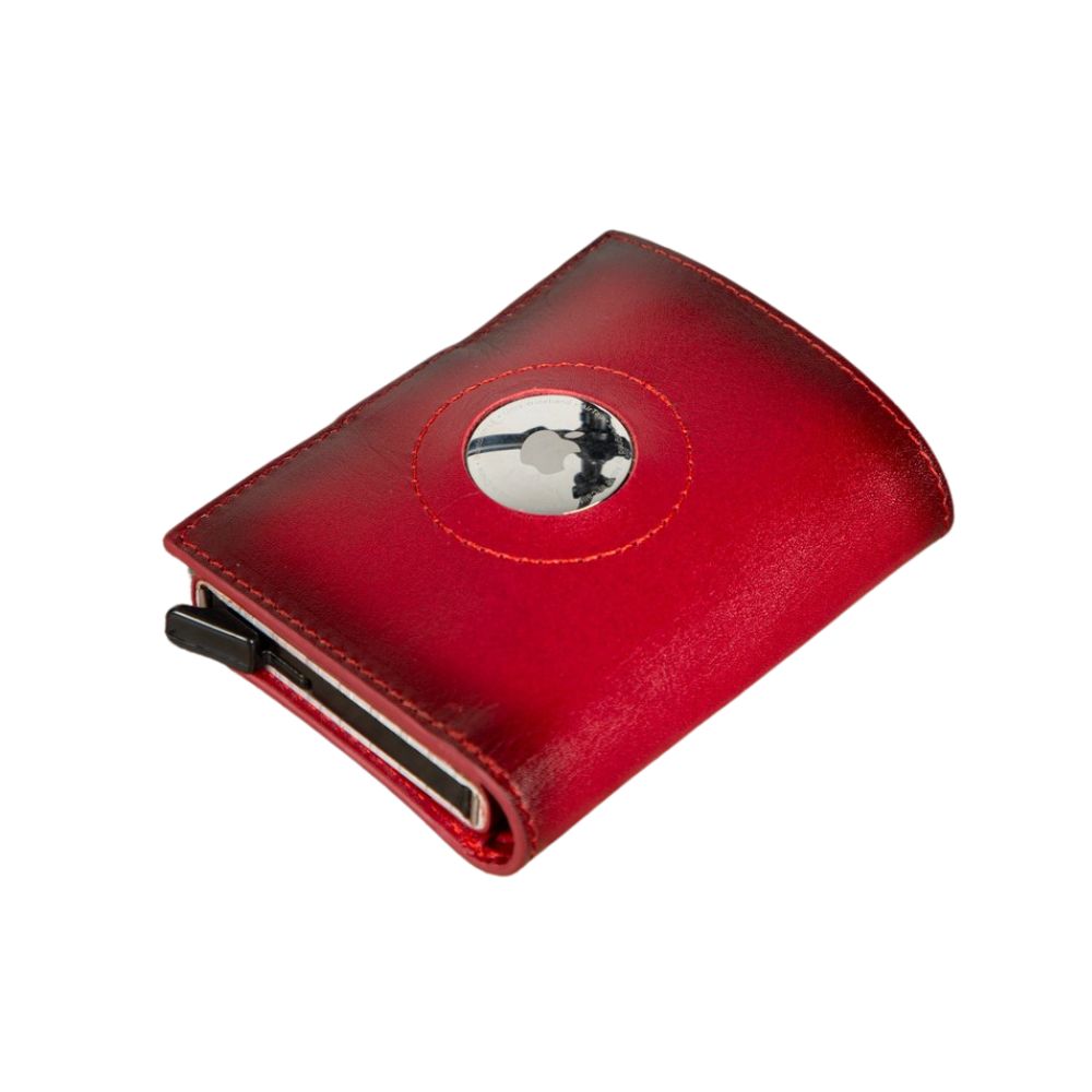 Palertag Apple AirTag Yuvalı, Hakiki Deri, El Yapımı, Pop-Up Cüzdan, Gölgeli Kırmızı