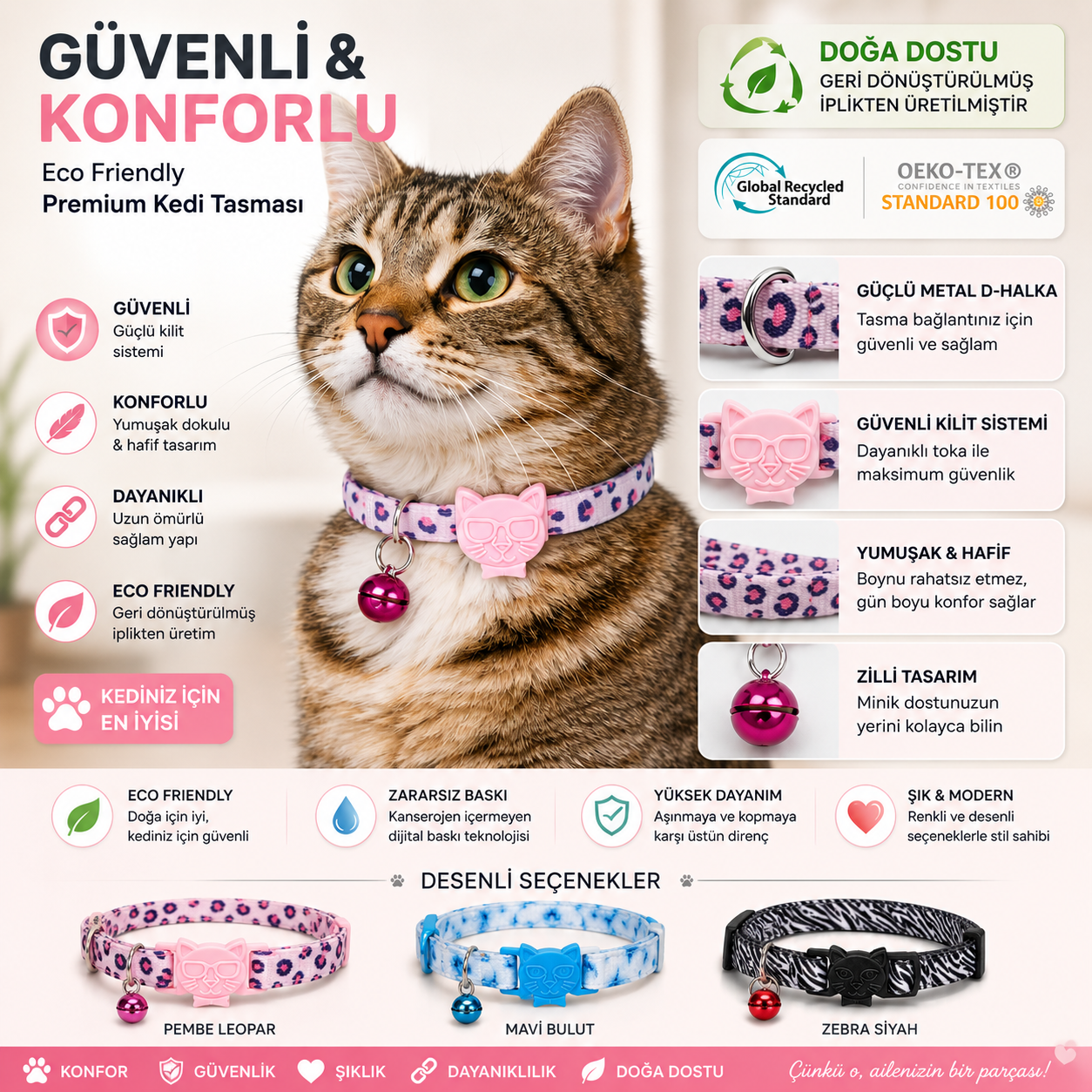 Desenli Kedi Boyun Tasması – Geri Dönüştürülmüş İplik, Güvenli Kilit Sistemli, Konforlu Kullanım, Pembe Leopar