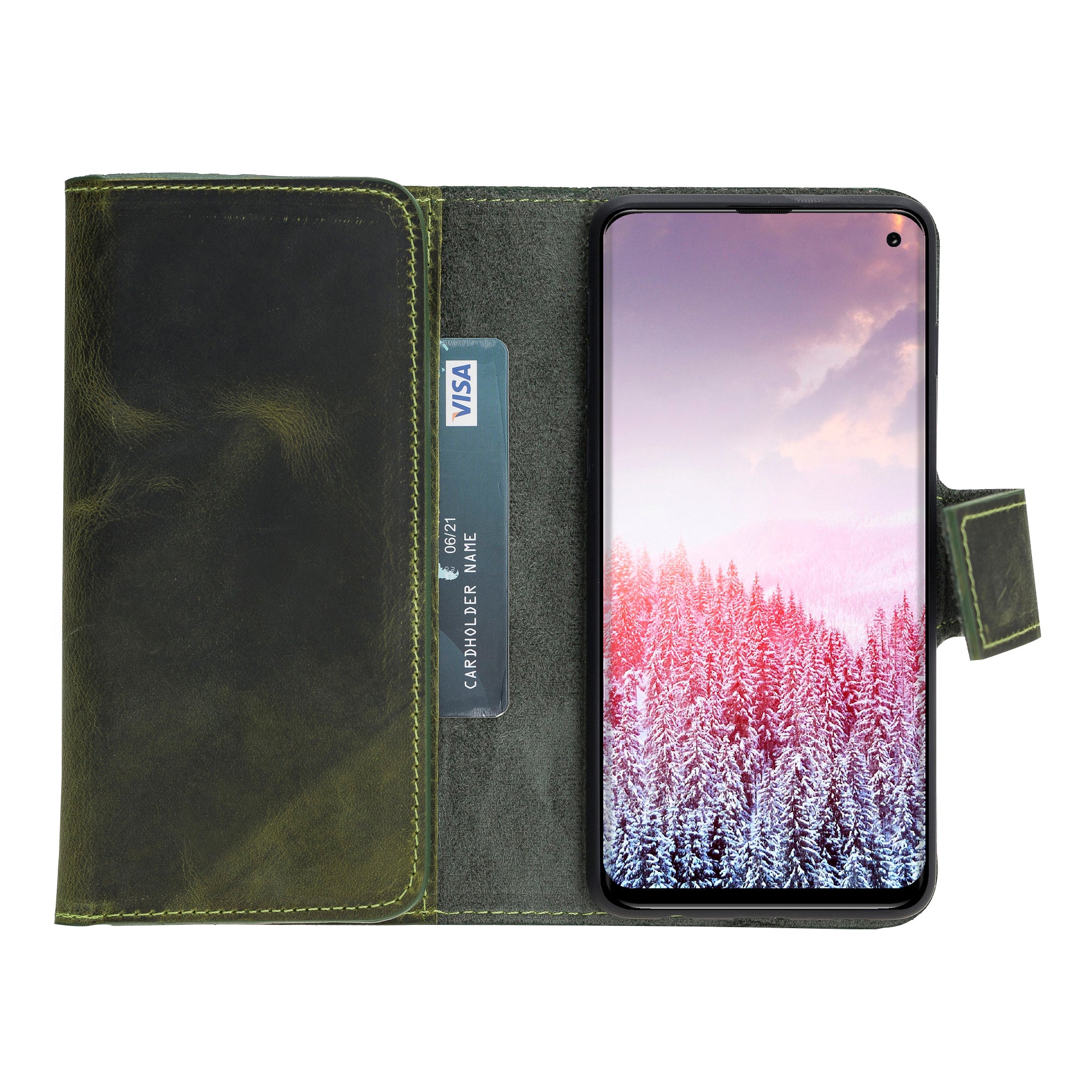 Samsung Galaxy S10 Uyumlu Deri Cüzdanlı Kılıf Santa Yeşil