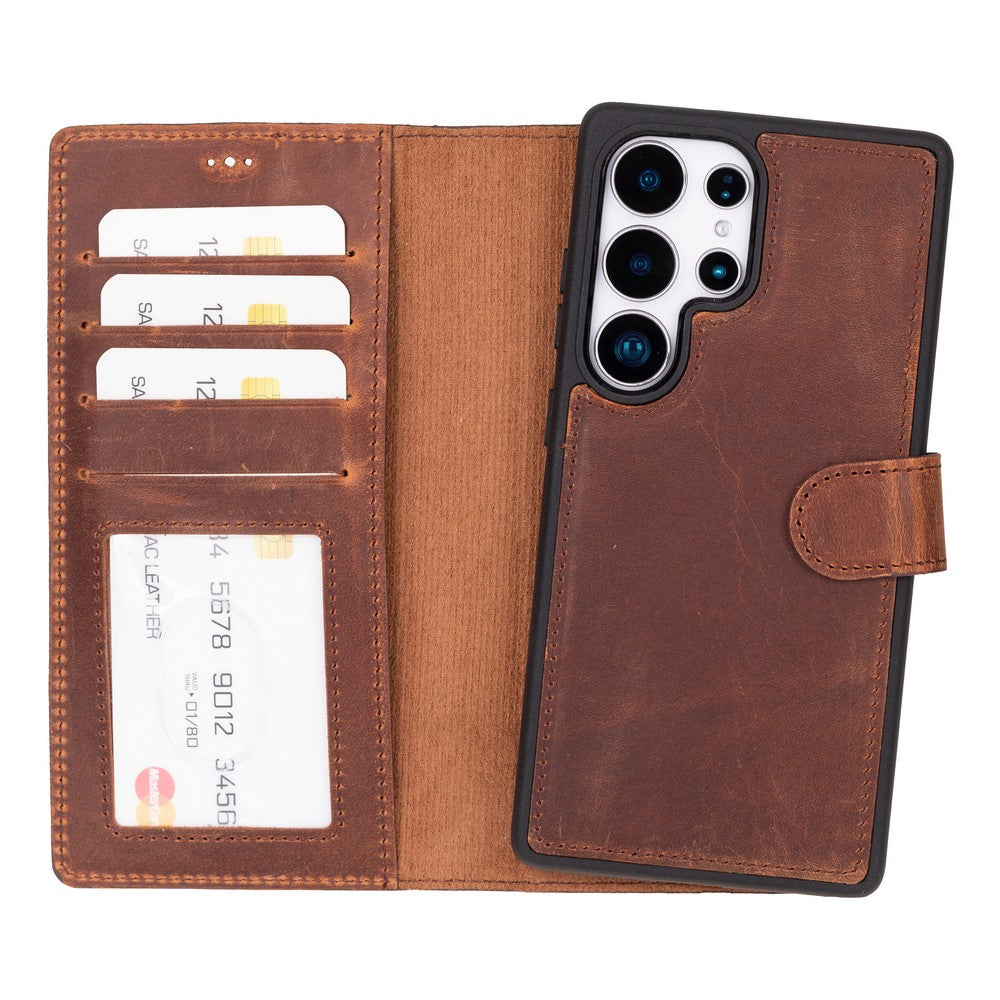 Samsung Galaxy S25 Ultra uyumlu, Hakiki Deri, El Yapımı, Cüzdanlı Kılıf, Antik Kahve