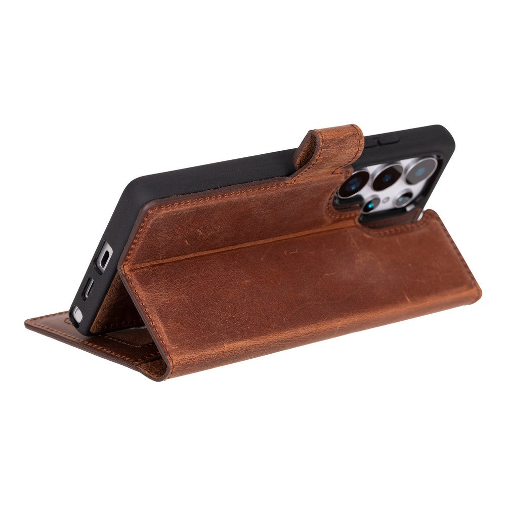 Samsung Galaxy S25 Ultra uyumlu, Hakiki Deri, El Yapımı, Cüzdanlı Kılıf, Antik Kahve