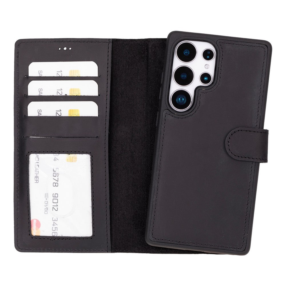 Samsung Galaxy S25 Ultra uyumlu, Hakiki Deri, El Yapımı, Cüzdanlı Kılıf, Mat Siyah