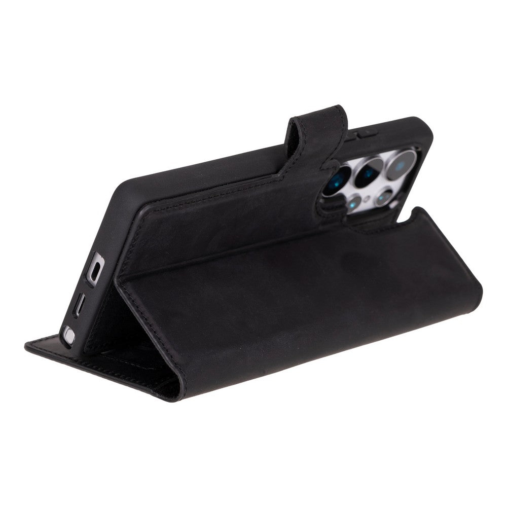 Samsung Galaxy S25 Ultra uyumlu, Hakiki Deri, El Yapımı, Cüzdanlı Kılıf, Mat Siyah