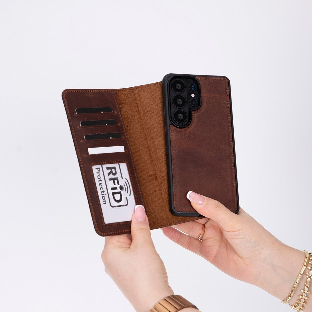 Samsung Galaxy S26 Ultra Uyumlu Manyetik Hakiki Deri Cüzdan Kılıf ,Cüzdan Taşımaya Son, Kredi Kart Yuvalı, RFID Güvenlik