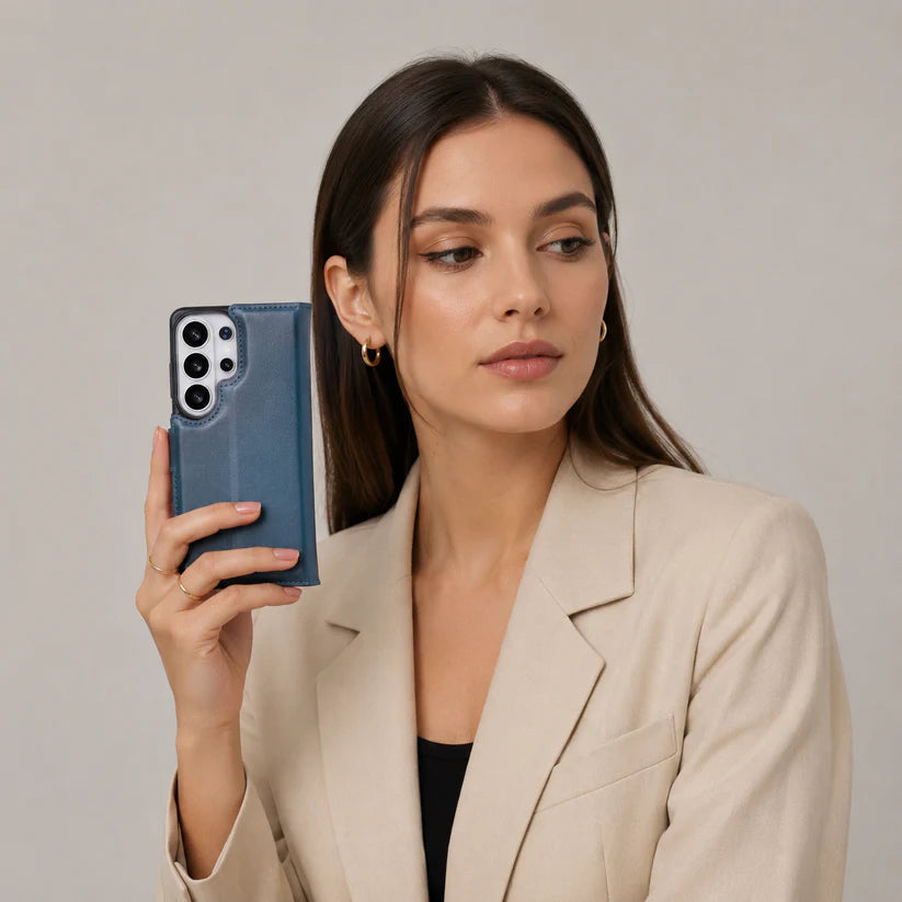 Samsung Galaxy S26 Ultra Uyumlu Manyetik Hakiki Deri Cüzdan Kılıf ,Cüzdan Taşımaya Son, Kredi Kart Yuvalı, RFID Güvenlik