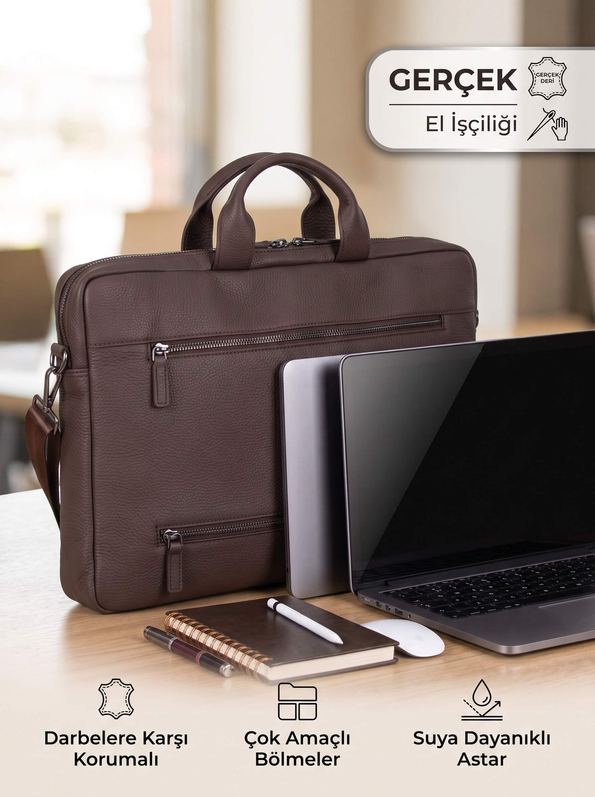Truro Hakiki Deri Laptop Çantası 13", Seyahat Uyumlu Evrak Çantası