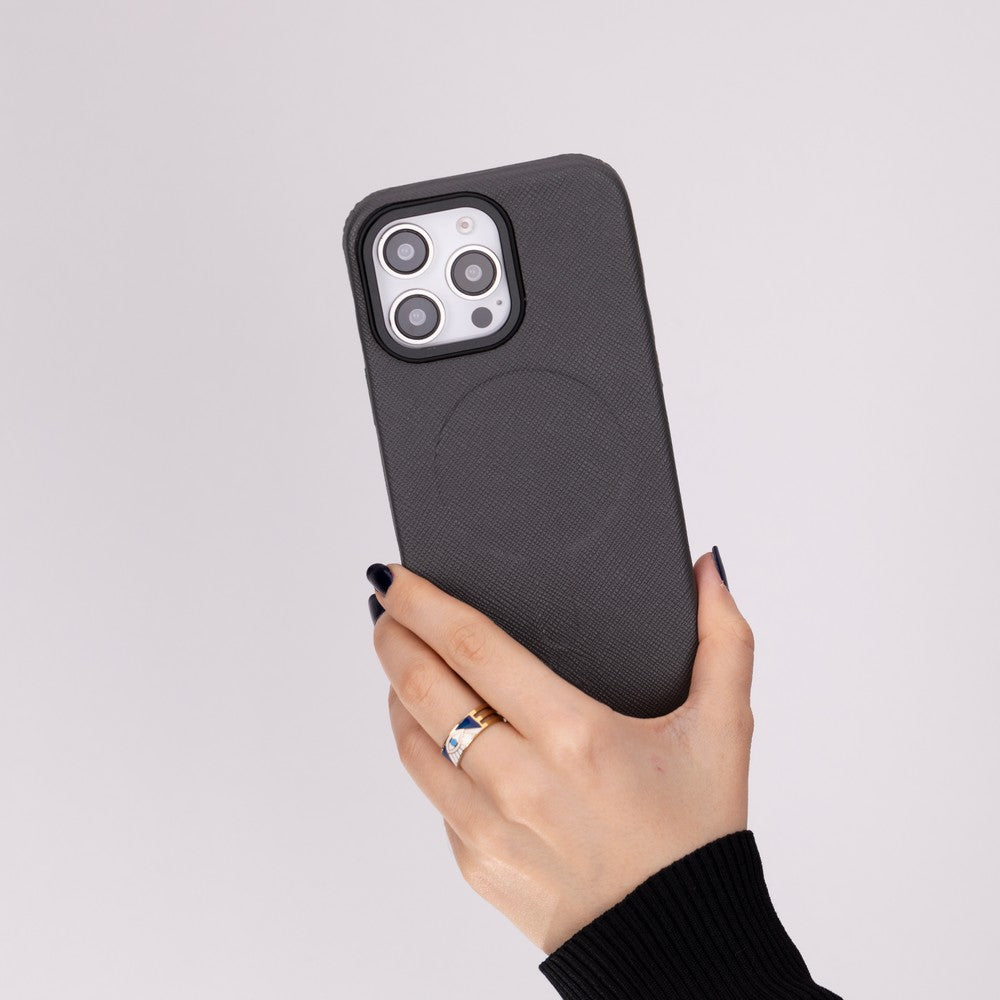 Apple iPhone 16 Pro uyumlu, Hakiki Deri, El Yapımı Kılıf, Gri