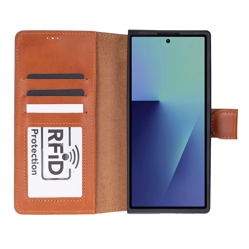 Samsung Galaxy Z Fold7 Uyumlu Manyetik Hakiki Deri Cüzdan Kılıf ,Cüzdan Taşımaya Son, Kredi Kart Yuvalı, RFID Güvenlik